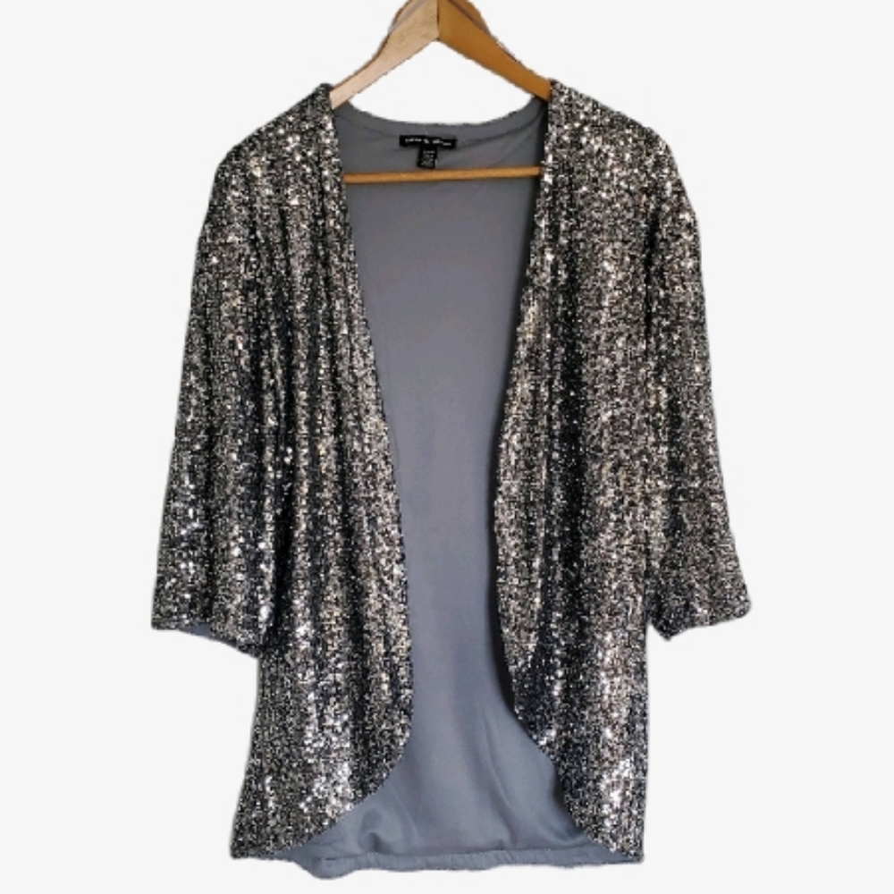 Cable & Gauge Silver Sequin Cardigan Jacket Open Sweater Glam